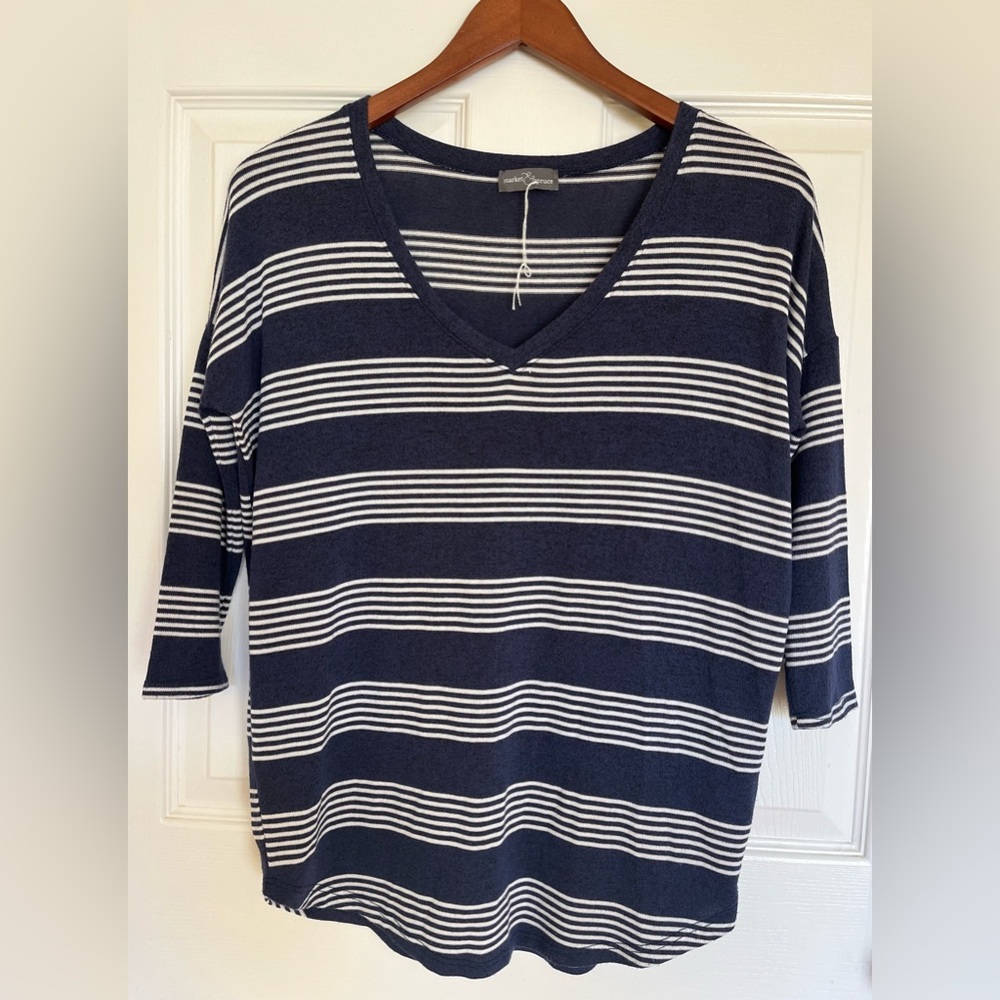 NWOT - Market & Spruce Rayon Blend V Neck Striped Top with 3/4 Sleeves in size S